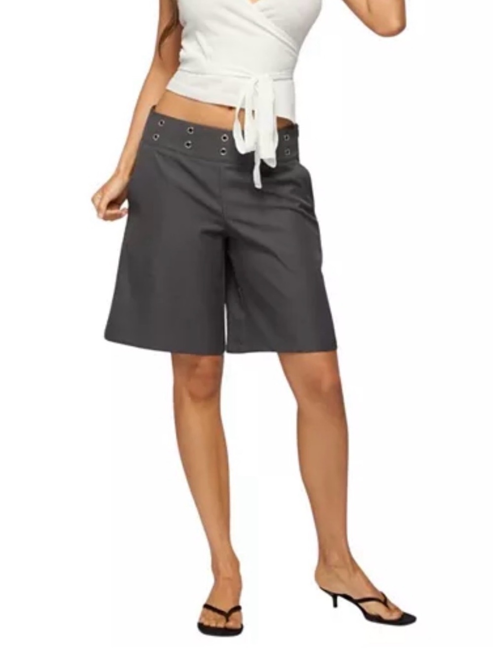 Edikted Charcoal Gray Mid-Length Bermuda Shorts with Grommet Waist